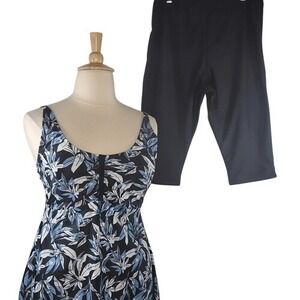 Ecupper Black and Blue‎ Leaf Print 2 Piece Tankini Swimsuit